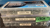 Safety pins, fuses, nuts