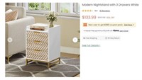 $134 Modern Nightstand with 3 Drawers- White