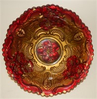 Vintage Gold & Red Floral Goofus Glass Bowl