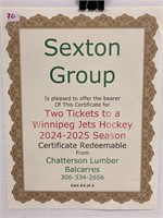 2 tickets to Winnipeg Jets 24/25 season game Cert