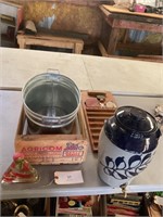 CROCK WATER DISPENSER, WOODEN BOX,  AND