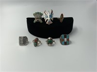 Group of 7 sterling Native American rings