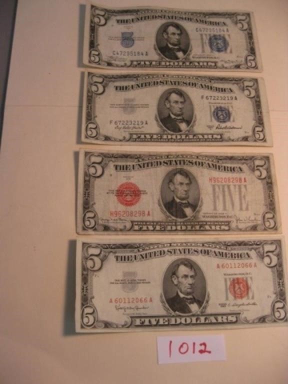 (4) Different $5.00 Notes…Top down: 1934A Silver.