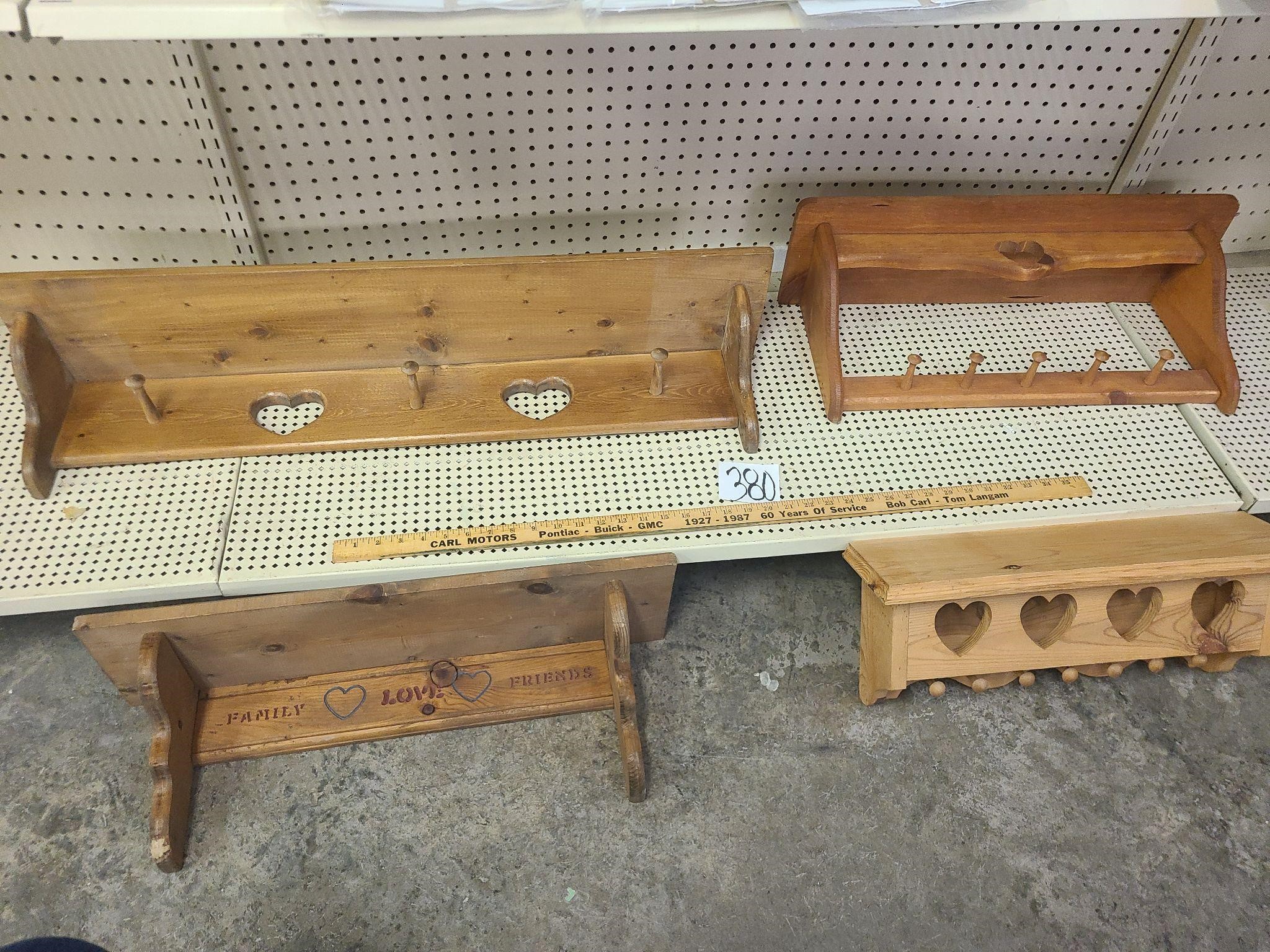 4 Wood heart carved shelves.