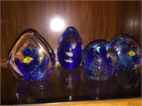 4 CLEAR TO BLUE GLASS PAPERWEIGHTS w COLORFUL FISH