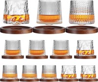 12 Pcs Whiskey Glasses Set Rotatable  w/ Coasters