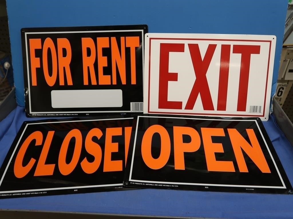 Signs-Metal-1 Exit, 2 Open/Closed, 2 for Rent