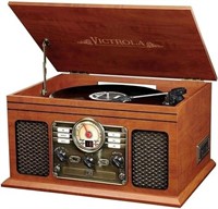 W9789  6-in-1 Bluetooth Record Player, Mahogany