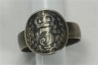 1893 UK 3 PENCE RING SILVER COIN AND BAND SIZE 9