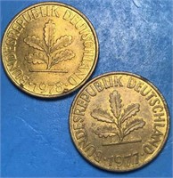 2x Germany 10 Pfennig 1977 & 1978