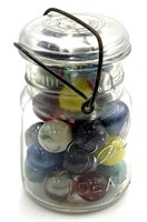 Ball Jar with 36 Vintage Marbles Shooters