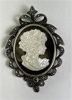 Sterling Marcasite Onyx Cameo Brooch/Pendant 12 G