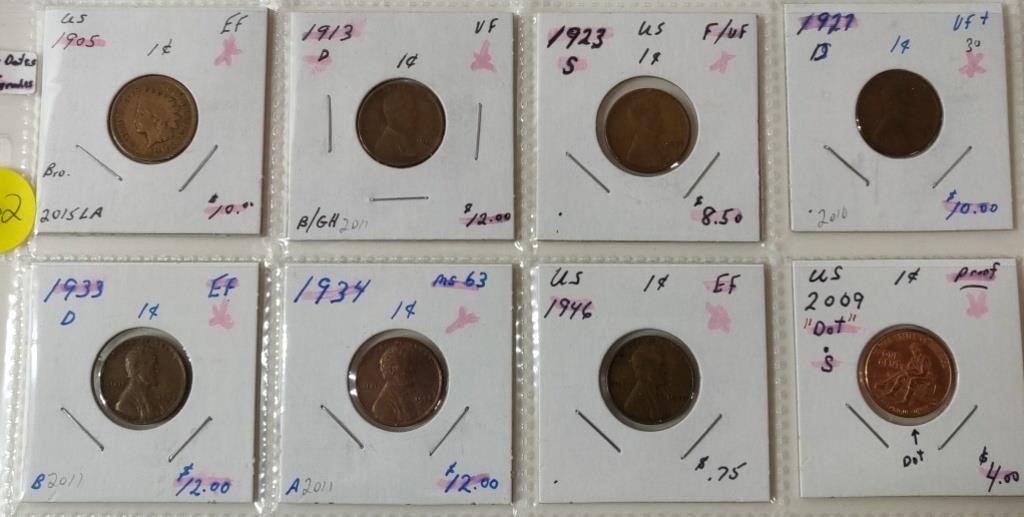 8 US 1 Cent Coins - 1905-1946 & 2009 Dots