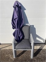 3 metal patio chairs, 1 cushion & umbrella top