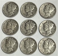 Assorted Mercury Dimes from 1940's, 90% Silver