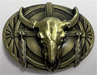 Steer Skull and Feathers on Belt Buckle