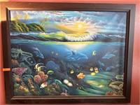 Lot of 2 framed acrylic dolphin and reef