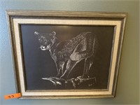 Framed cougar back and white scratch drawing.