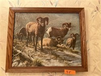 Framed big horn sheep painting. Beecham.
