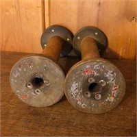 (2) Wooden Textile Spindle Spools