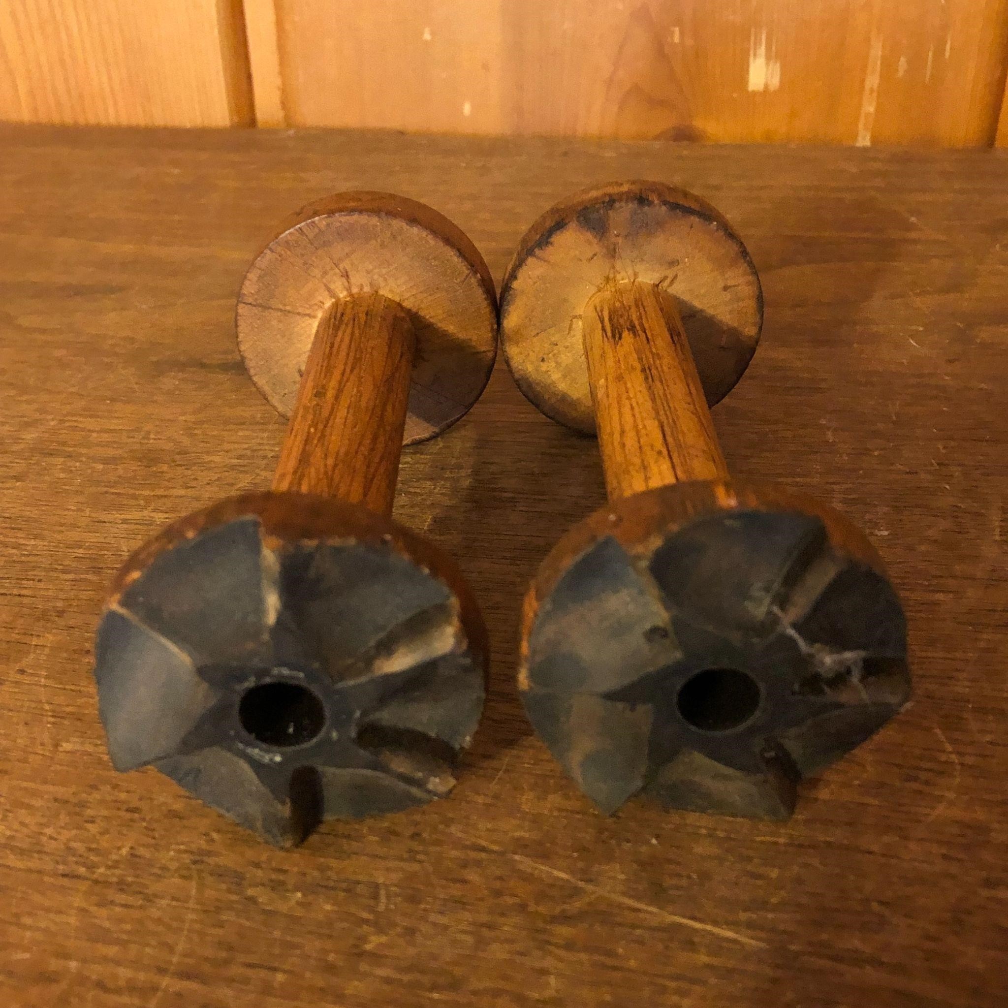 (2) Old Wooden Textile Wheel Gears Spools Spindles