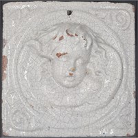 Glazed Terra Cotta Pottery Tile Cherub Relief 19th