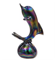 A Fine Iridescent Carnival Glass Dolphin Figure Po