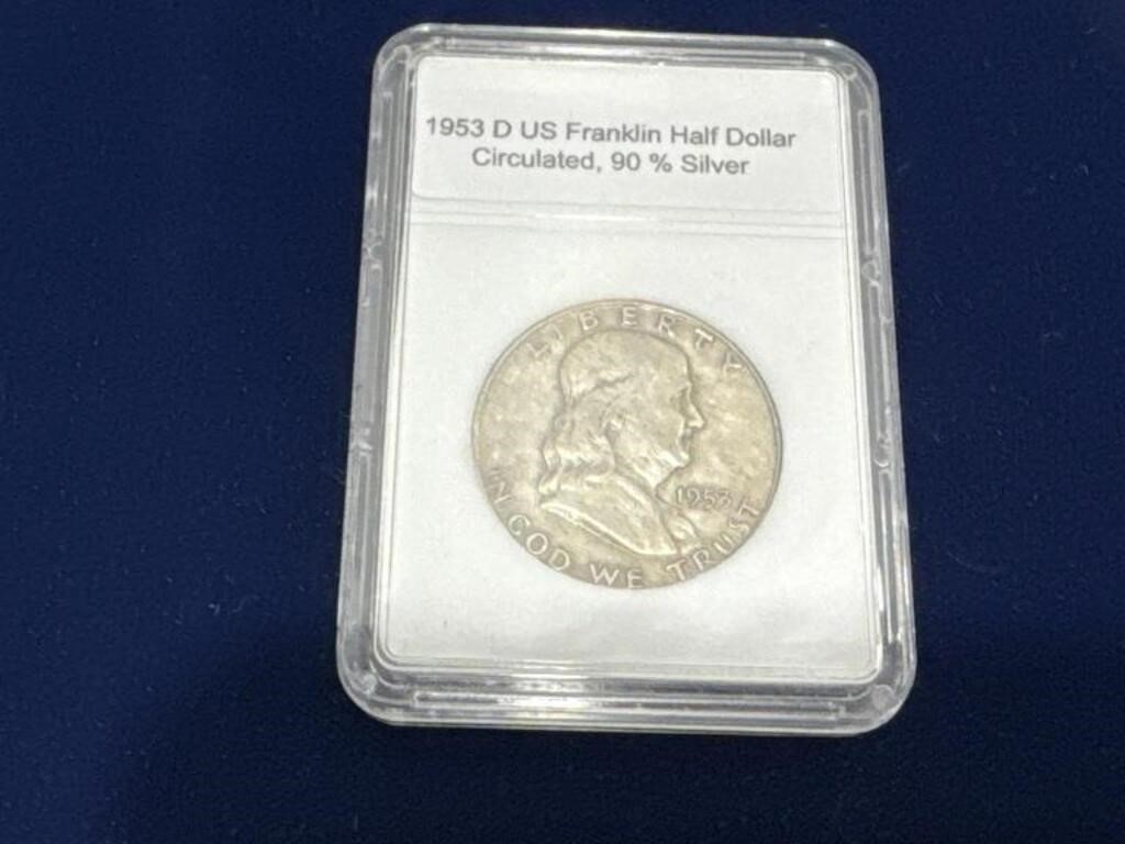1953 D. Franklin 90% silver US half dollar coin