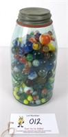 Blue Ball Jar of Marbles, as found & unsorted, Vg