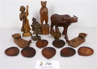 14Pc Hand Carved Wood Figures & Items, Vg cond,