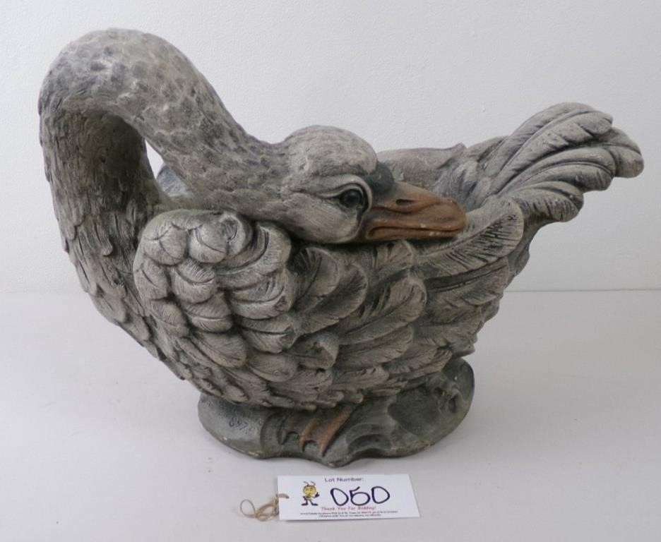 A Large Cast Stone Swan Planter, Vg cond, 14”H
