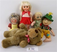 5 Dolls & Teddy Bear, VG cond, largest 15”L.