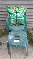 Lawn chair, ottoman & two new bags of grass seed