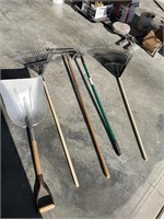 Aluminum scoop shovel, rakes and hoe