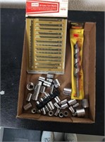 Box of Blades, Drill Bit, and Sockets