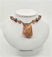 Vintage Modernist Sterling Silver Amber Necklace