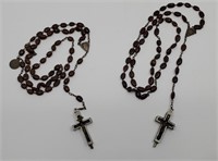 Two Antique Rosaries, red wood and whire metal.