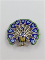 Vintage Sterling Silver Filigree Enameled Peacock