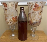 Glass Hurricane Candleholders and Pottery Vase