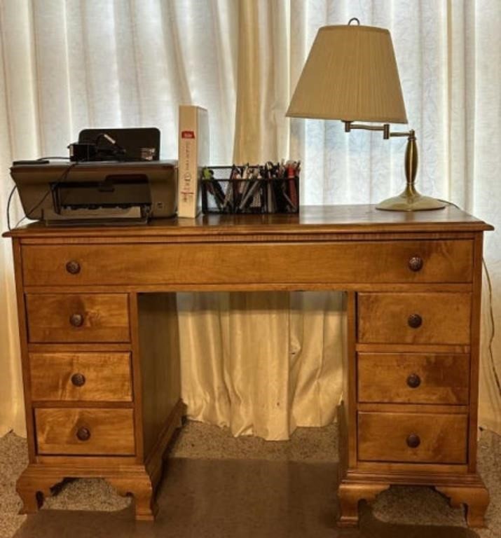 Wood Kneehole Desk and Contents