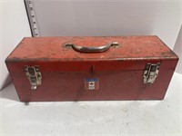 Red metal tool box with contents