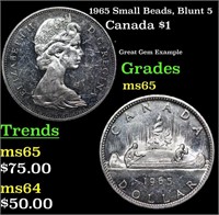 1965 Small Beads, Blunt 5 Canada Dollar 1 Grades G