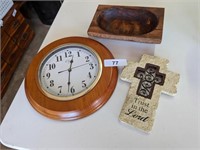 Wooden Clock, Wooden Dough Bowl & Cross Decor