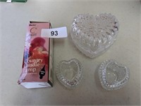 Candle Lamp &  (3) Glass Heart Dishes
