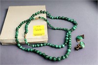 Sterling Necklace & (2) Clip Earrings (Malachite)