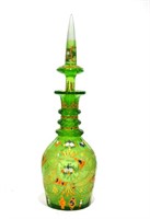 Antique Bohemian Painted Green Glass Decanter