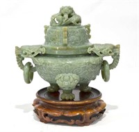 Chinese Carved Covered Jade Censer w Two Handles