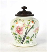 Chinese Famille Rose Jar w Wood Cover