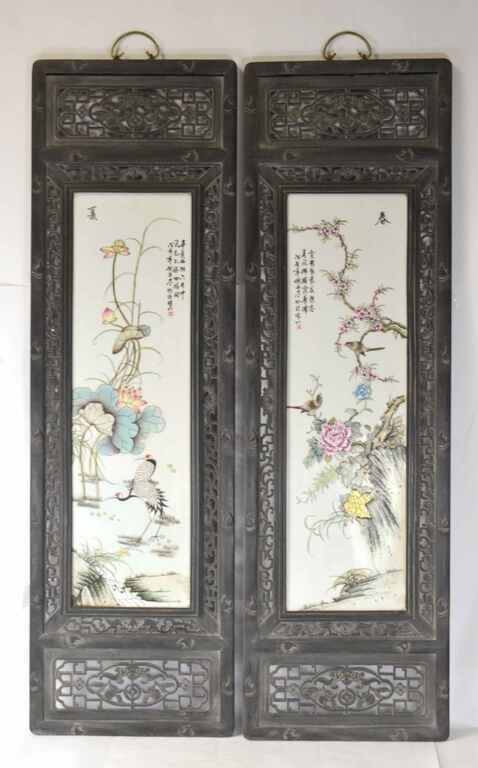 Pr Chinese Wall Wood Framed Porcelain Panels