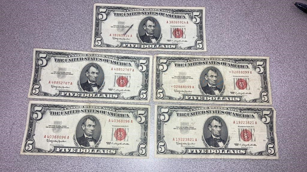 (5) 1963 red seal $5 bills